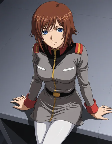 1girl, solo, miyu takizawa, brown hair, flipped hair, medium hair, blue eyes, light smile, military uniform, grey clothing, earth federation, white pantyhose, cowboy shot, sitting on desk, (from above:0.5), military base, anime coloring , dark theme, low light, 2010s \(style\) <lora:miyu_takizawa_illustrious_v1-l:0.6>
