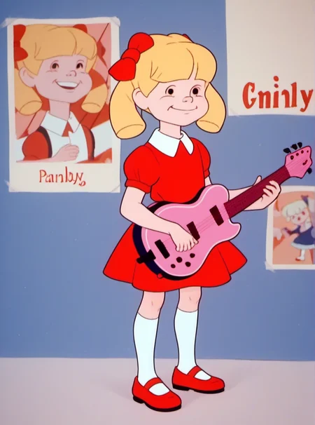 score_9, score_8_up, score_7_up, 1girl, solo, cindyb, child, playing guitar, blonde hair, black dot eyes, short sleeves, red dress, bows, big smile, face focus, white socks, red shoes, <lora:Cindy_Brady:1>, detailed face, paisley background,
