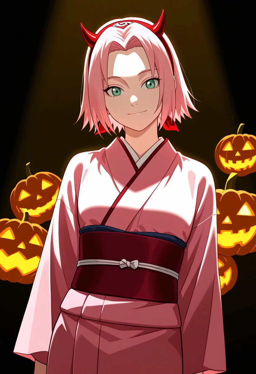 Score_9_up, score_8_up, score_7_up, source_anime, Expressiveh, perfect eyes, 1girl, solo, 1girl, haruno sakura, pink hair, short hair, green eyes, slim body,Small breasts,average height,
halloween background,((pink kimono)),pumpkins,((Red plastic headband with small devil horns)),smiling, unbrella japanese,
youthful and elegant style, dynamic pose with a slight dutch angle, soft lighting, cinematic composition, modern fashion photography, high detail, realistic textures, vibrant colors, subtle provocative undertone, balanced and tasteful aesthetic,
simple background:1.1,
masterpiece, best quality, good quality, newest, highres, absurdres, volumetric lighting,gradient color,
raytracing, volumetric lighting, ambient occlusion, masterpiece, best quality, very awa, absurdres,
BREAK masterpiece, best quality, amazing quality, (perfect anatomy:1.2), (beautiful artwork), (beautiful color), strong lighting, <lora:blm_ILL_V1:0.3>, <lora:HandFineTuning_XL:0.7>