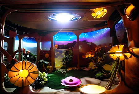 Photograph, masterpiece,best quality, of An astonishing award winning, art installation, the interior of an incredible starship, poly acrylic resin molded tree sculptures, fake plastic flowers, 1970s Brazilian Tropicalia retrofuturism, in the style of Pipilotti Rist, complex shadows, retro, science fiction style