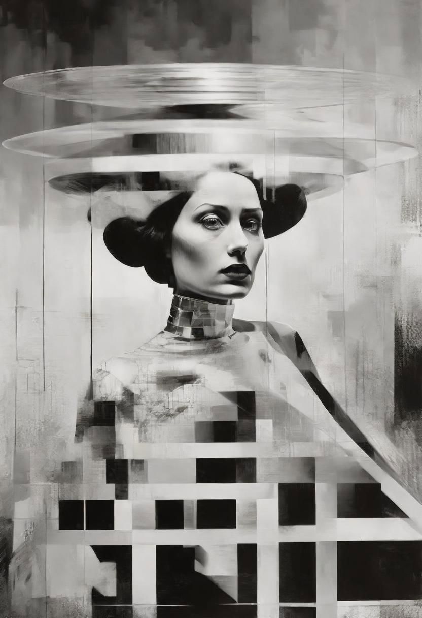 Monochrome black and white, Dali, Magritte, Delvaux, Bellmer, Malevitch, Rodchenko, Mondrian, Kandinsky, Popovna, psychedelic hallucination, pop surrealism, rough crosshatch drawing pop art Lunatic_Portrait of a young girl in latex, slick back, low bun, black makeup, sinister expression, intense glare, avant-garde, abstract, weird, geometric, constructivism, suprematism, rayonism, verticism, lineism, tj