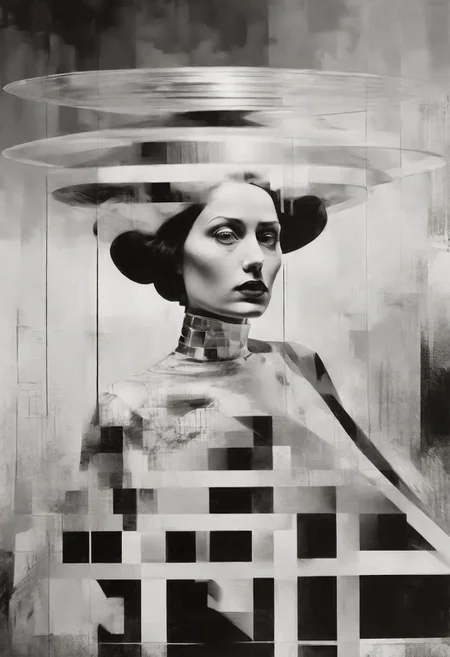 Monochrome black and white, Dali, Magritte, Delvaux, Bellmer, Malevitch, Rodchenko, Mondrian, Kandinsky, Popovna, psychedelic hallucination, pop surrealism, rough crosshatch drawing pop art Lunatic_Portrait of a young girl in latex, slick back, low bun, black makeup, sinister expression, intense glare, avant-garde, abstract, weird, geometric, constructivism, suprematism, rayonism, verticism, lineism, tj