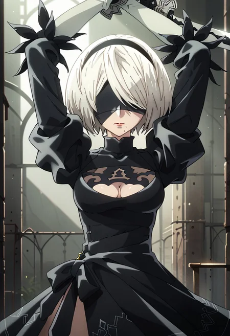 score_9,score_8_up,score_7_up,source_anime, YORHA_NO.2_TYPE_B,1girl,solo,breasts,short hair,long sleeves,gloves,dress,holding,closed mouth,cleavage,medium breasts,upper body,white hair,weapon,hairband,puffy sleeves,sword,holding weapon,mole,black dress,arms up,clothing cutout,turtleneck,holding sword,cleavage cutout,black hairband,katana,juliet sleeves,facing viewer,mole under mouth,blindfold,covered eyes,black blindfold,