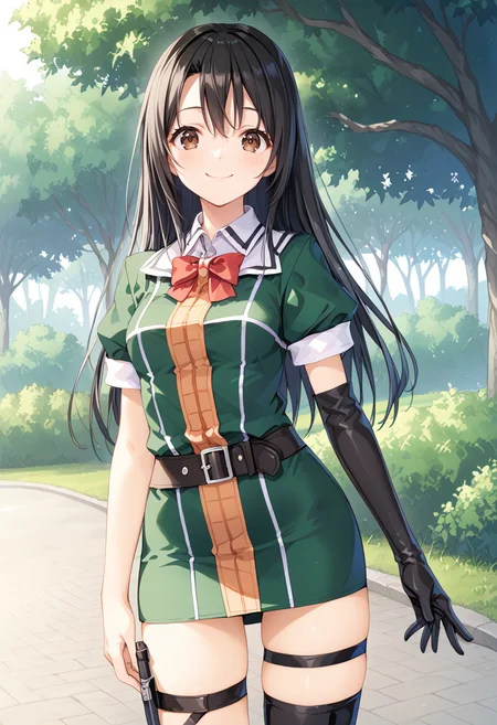 1girl, solo, park, cowboy shot, standing, <lora:KC_03HC_chikuma_pony:1> chikumakc, black hair, long hair, brown eyes, chikumadefkc, green_dress, pencil skirt, short sleeves, red bow, bowtie, single glove, elbow gloves, black gloves, black thighhighs, single thighhigh, thigh strap, black boots,, score_9,score_8_up, score_7_up, source_anime, masterpiece, best quality, official art, official style, game cg, megami magazine, rating_safe, rating_questionable, <lora:Fixhands_anime_bdsqlsz_V1:0.75>, NEGATIVE_HANDS