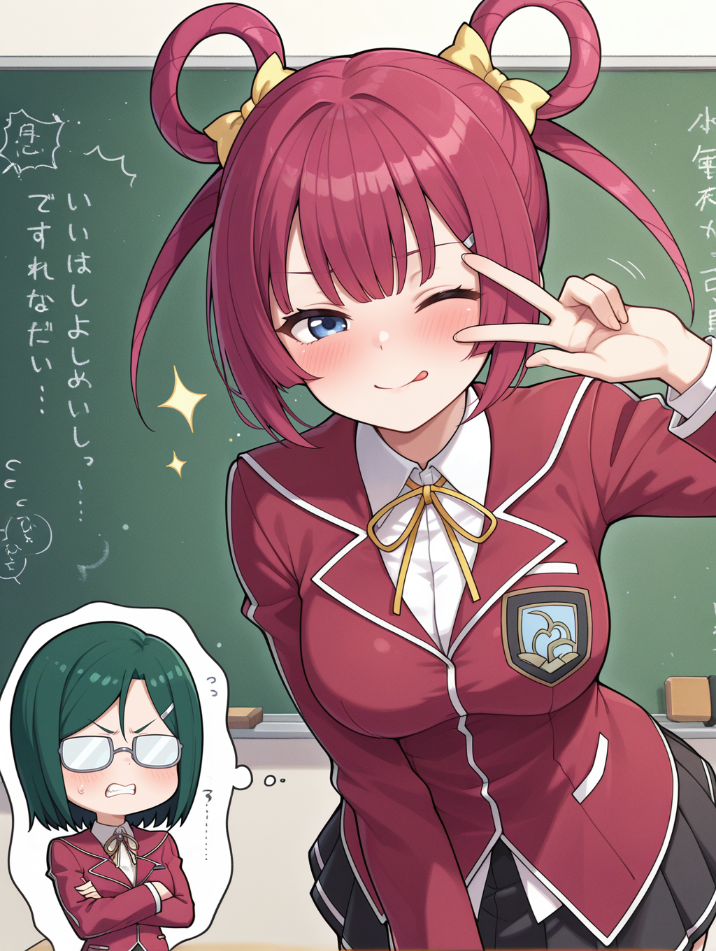 2girls,blush,duel academy uniform \(yu-gi-oh! 5d's\),red blazer,white collared shirt,black miniskirt,yellow neck ribbon,classroom,standing,upper body,chalkboard,
BREAK reika hara,silver hairclip,...,opaque glasses,sparkle,crossed arms,=_=,white under-rim eyewear,clenched teeth,
BREAK kaiho rin,double yellow hair ribbon,hair rings,v over eye,smile,tongue out,naughty face,one eye closed,
masterpiece,best quality,amazing quality,very aesthetic,absurdres,newest,<lora:Reika Hara & Kaiho Rin illusXL v1:0.72>,