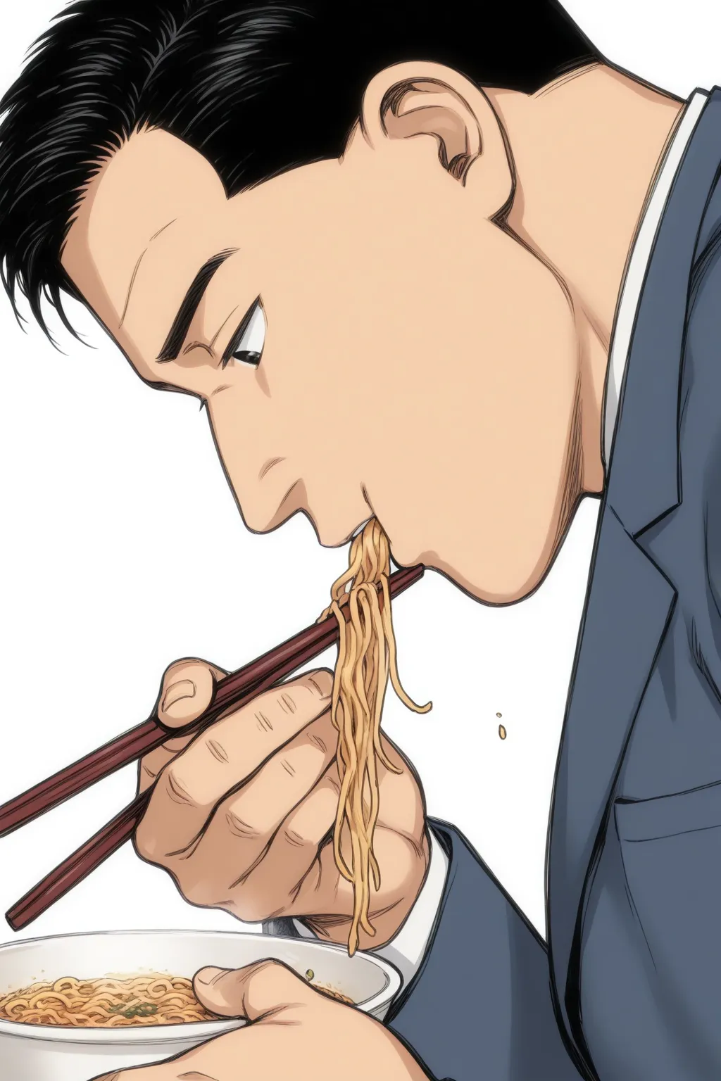 <lora:inogashira_goro_ilxl:1>masterpiece, best quality, inogashira_goro_ilxl. 1boy, male focus, solo,   fried noodles , looking down, hold chopsticks, (from side:0.5)