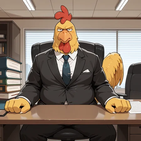 masterpiece, best quality, amazing quality, 1boy, ErnieCh1cken, chicken, anthro, yellow feathers, head crest, solo, feathered tail, glaring at viewer, office, front view, sitting behind boss' desk, formal suit, chubby, feathered fingers
