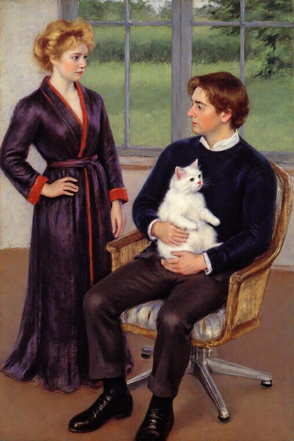 marycassatt1 painting.
The image is a detailed, realistic painting depicting a serene, intimate scene set in a softly lit room. The artwork features two people and a cat. The woman stands on the left, dressed in a long, dark purple robe with a red trim, which falls to her feet. She has curly blonde hair and a contemplative expression, standing with one hand on her hip. To her right, a man sits in a modern, mid-century modern chair with a wicker backrest. He has medium-length brown hair and is dressed in a dark blue sweater and dark pants. He holds a white cat in his lap, which is gazing at the woman.
 <lora:marycassatt1_cap_d6a3e17:1.0><lora:833905464585602380:0>