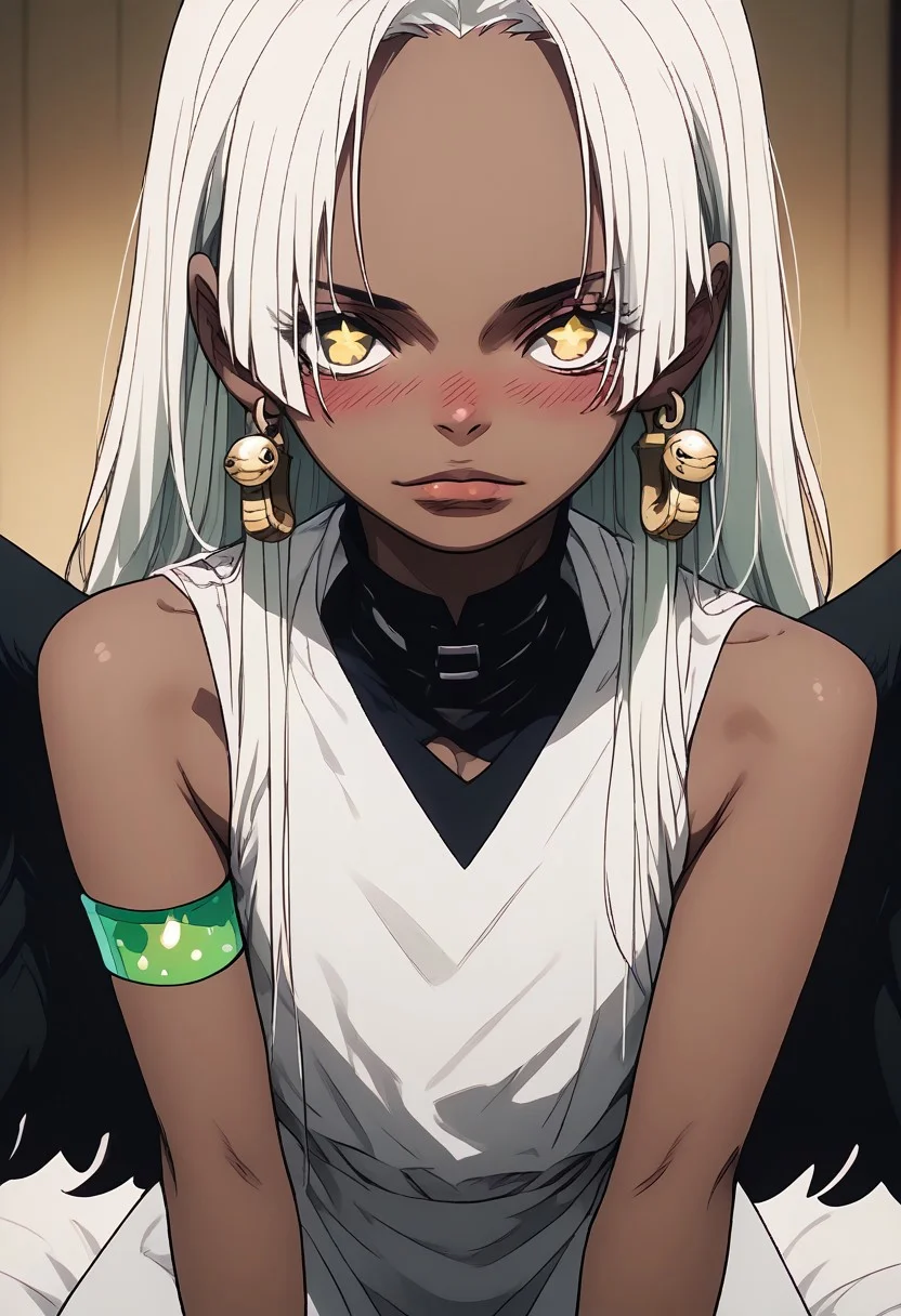 score_9, score_8_up, score_7_up, sfw, source_anime, zPDXL, score_9, score_8_up, score_7_up, score_6_up, source_anime, cartoon, 1girl, expressive eyes, perfect face, (woman), score_9, score_8, masterpiece, perfect face, anteaterface, Ssnake_T0V0, 1girl, dark-skinned female, white hair, long hair, yellow eyes, symbol-shaped pupils, star-shaped black pupils, petite body, horny, short stature, earrings, black wings, feathered wings, White dress, sleeveless, black metal boots, sitting on bed, looking at viewer, blush,armlet, blushing, having straw hat, indoors <lora:S-Snake_XL_Pony:1> c r1bt
<lora:HerrscherAGGA2024_SexyToon_V1:2.5>,