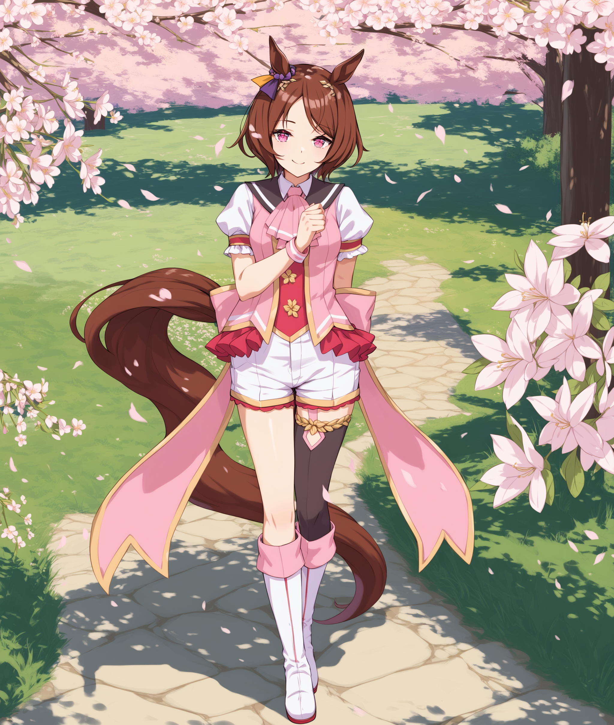 score_9, score_8_up, score_7_up BREAK
grassland, spring, cherry blossoms, 
shobofuku, 1girl, solo, looking at viewer, smile, short hair, brown hair, thighhighs, standing, tail, full body, short sleeves, boots, shorts, white footwear, horse ears, horse girl, horse tail, asymmetrical footwear, mismatched footwear, <lora:sakura_laurel-ponyXL:0.8>, 
five fingers,