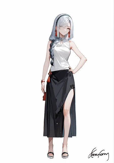 score_9, score_8_up, score_7_up, score_6_up, 8k,
8k, best quality, masterpiece, (ultra-detailed:1.1), (high detailed skin),
(full body), (white background:1.1), standing, looking at viewer, (solo), hand on hip,
<lora:ganshenxianre-pony-Tanger-000003:0.8>, shenhe \(genshin impact\), Shenhe's casual clothes, 1girl, hair over one eye, braid, breasts, shirt, black skirt, hairband,
(beautiful_face), ((intricate_detail)), clear face,
((finely_detailed)), fine_fabric_emphasis,
((glossy)), full_shot, <lora:agm-artist-richy-v1_pdxl:0.7>,