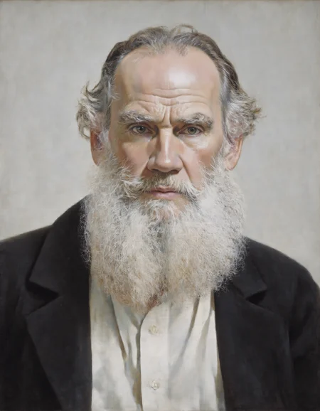 <lora:Dark_Fantasy_Pulp_Pinup:1>, <lora:t0lst0y:1>Realistic portrait of Leo Tolstoy, Russian writer and philosopher, in his later years. Long white beard, deep-set thoughtful eyes, wearing a simple Russian peasant-style shirt and dark coat. Soft natural lighting, muted background, emphasizing his wise and stern expression. Highly detailed, oil painting style