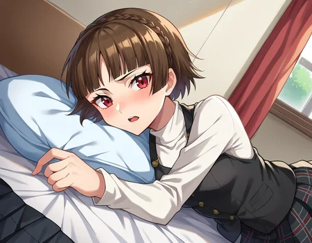 score_9, score_8_up, score_7_up, source_anime,
makotonijima, <lora:makoto-nijima-ponyxl-lora-nochekaiser:1>
makoto nijima, blunt bangs, braid, brown hair, crown braid, red eyes, short hair,
black pantyhose, black skirt, black vest, bow, checkered clothes, checkered skirt, long sleeves, miniskirt, pantyhose, plaid, plaid skirt, pleated, pleated skirt, red bow, school uniform, shirt, shuujin academy school uniform, skirt, sweater, sweater vest, turtleneck, turtleneck sweater, vest, white shirt, white sweater,
indoors, bed, bed room, on side, blush, drunk,
looking at viewer, cowboy shot, dutch angle,