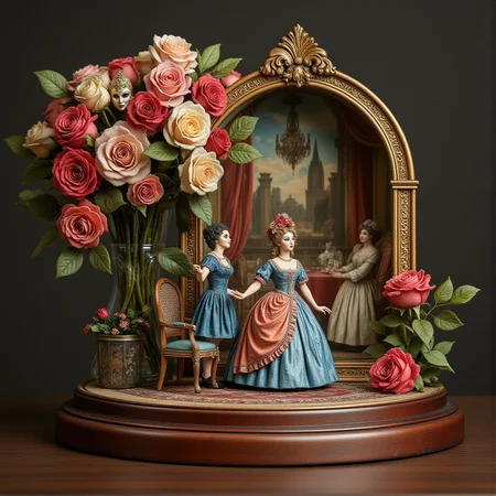 Miniature diorama of a masquerade ball next to a bouquet of roses, detailed digital illustration of a masquerade ball held in a palace, 19th century, colorful dresses, masks, well-dressed women, glamorous, lascivious and somewhat decadent atmosphere, <lora:Flux.1_Turbo_Detailer:0.7>, <lora:Diorama_Flux:0.8>