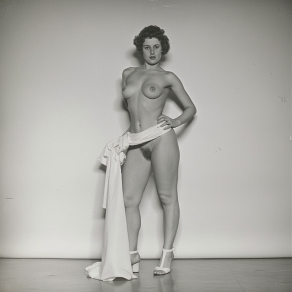 V1nt4g3. This is a black and white photograph of a nude woman standing against a plain, gradient background. The image is likely from the mid-20th century, based on the photographic style and quality. The woman is standing with a confident and composed demeanor, holding a piece of white fabric in her hands, which she is partially wrapping around her hips. She is positioned slightly off-center, looking directly at the camera with a neutral expression.

Her physique is slender with a petite frame, and she has a light skin tone. She has short, curly hair styled in a tousled, natural manner. Her breasts are medium-sized with small, perky nipples. Her pubic area is visible, though her genitalia is not prominently displayed. The lighting is soft and even, highlighting the contours of her body and the texture of her skin, which appears smooth and unblemished. 

The background is a gradient of light to dark shades of gray, providing a minimalist and professional studio setting.