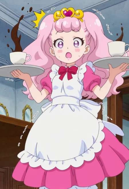 anime screencap, solo,1girl,pafu, apron, looking at cup, dress, maid, small breasts ,open mouth, mansion, holding tray, coffee cup falling, trembling tray, table, trembling hand, spilling coffee, shocked, ^^^, :o,
high definition,amazing quality,best quality,very aesthetic,masterpiece,absurdres,