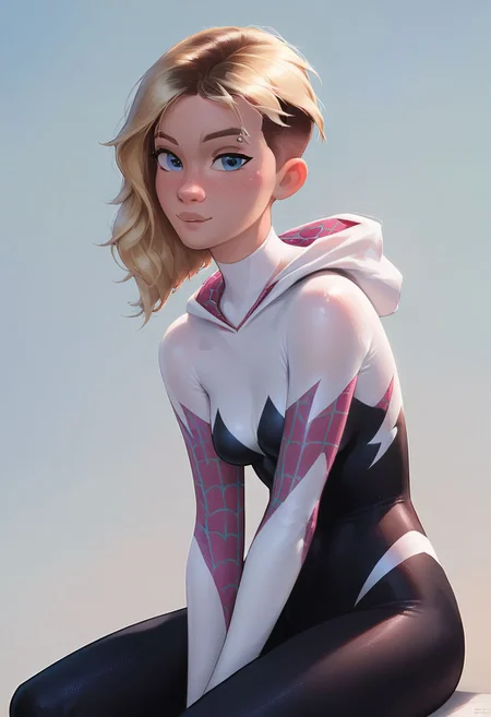 score_9, score_8_up, score_7_up, score_6_up, score_5_up, score_4_up, spider Gwen, hero,  1girl, small breasts, rating_questionable, looking at viewer, petite, 18 years old, beautiful