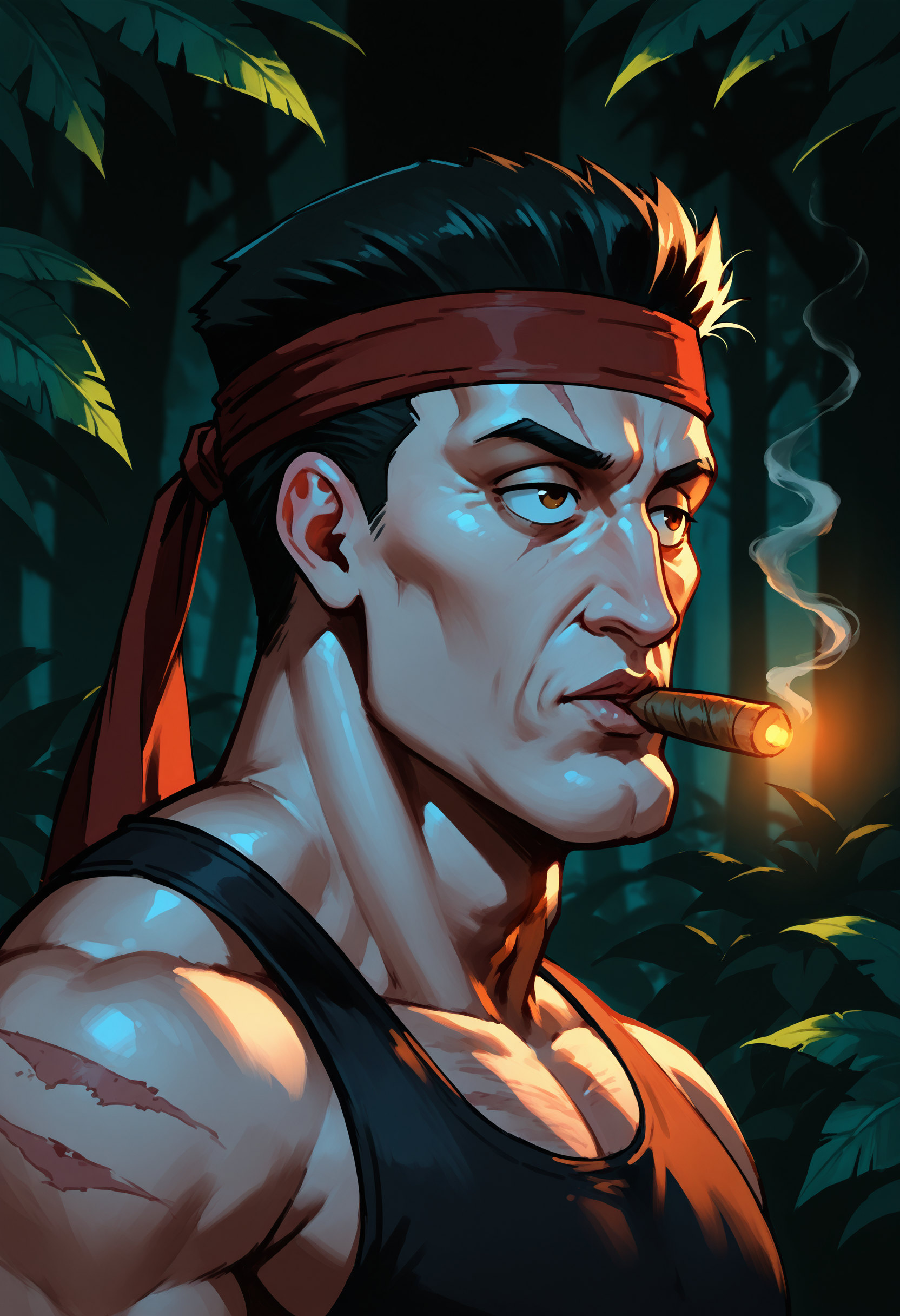 source_anime, (portrait, face focus, from side), masterpiece, best quality, newest, highres, absurdres, solo, 1boy, SlyMAAAHrbo, black hair, red bandana, lit cigar, smoke, scars, manly, muscular, tank top, handsomize, BREAK jungle background, trees, leaves, dark, night, <lora:handsomize_x_pdxl_v1:1> <lora:SlyMAAAHrboV.01-000014:0.7>