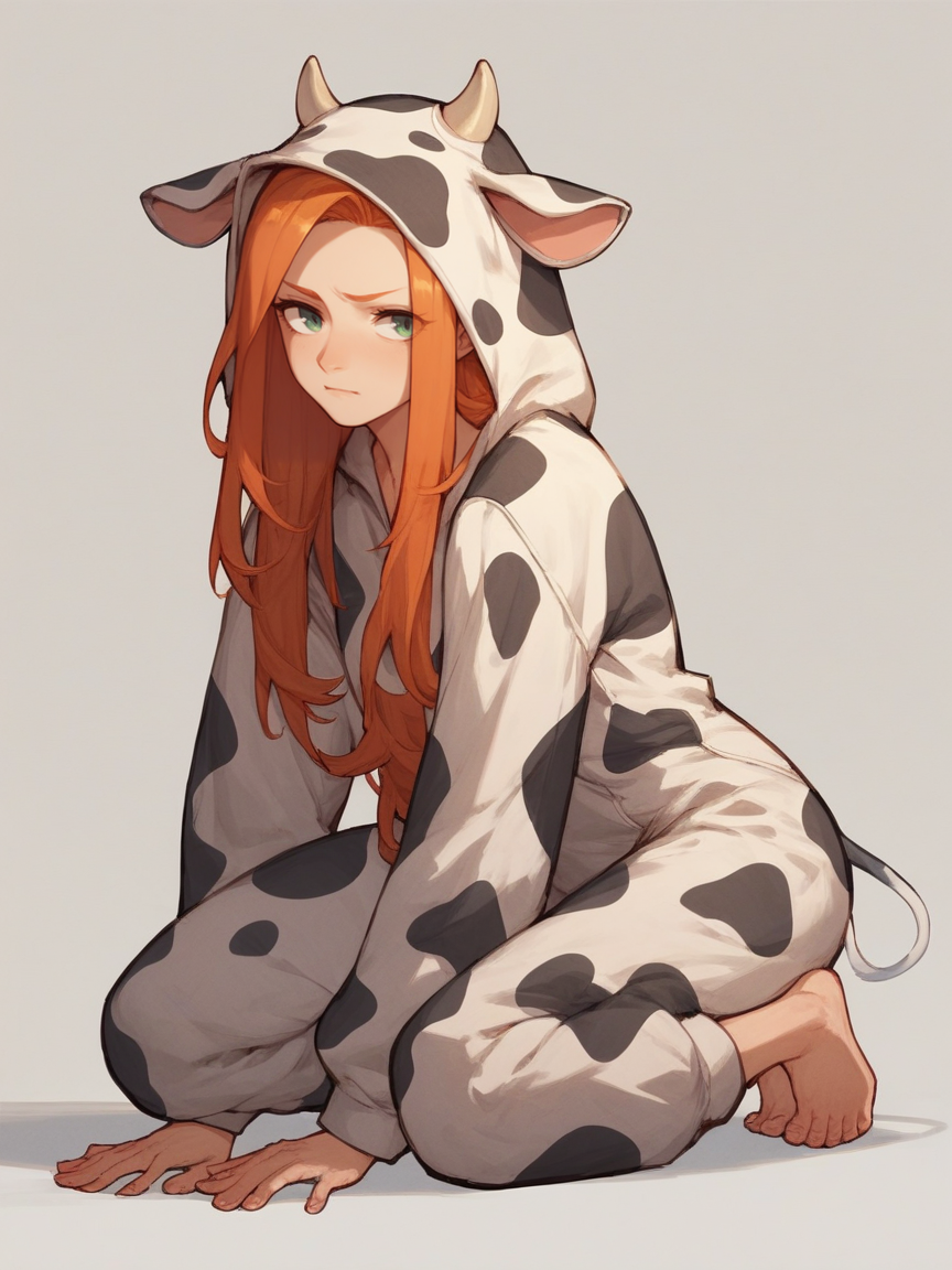 score_9, score_8_up, score_7_up, score_6_up, score_5_up,  <lora:CowonesieXLP:0.7.5> cow onesie, solo, cow print, animal costume, barefoot, 1girl, long hair, ginger hair,