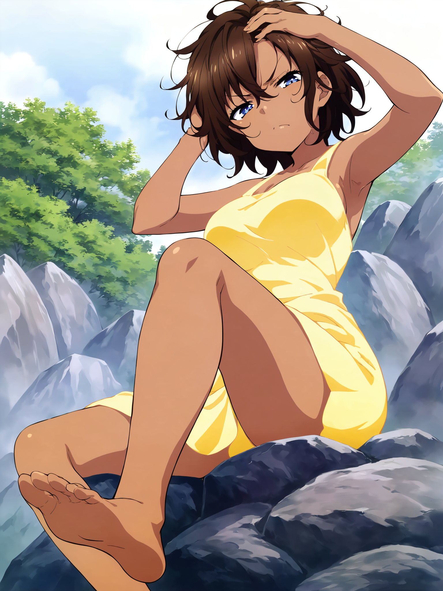 score_9, source_anime, official art, 1girl, from below, brown skin, brown hair, short messy hair, blue eyes, looking at viewer, scowl, half-closed eyes, happy, yellow sundress, sitting on the ground, large breast, barefoot, hand on head, <lora:MeMaXL_V2:0.87>