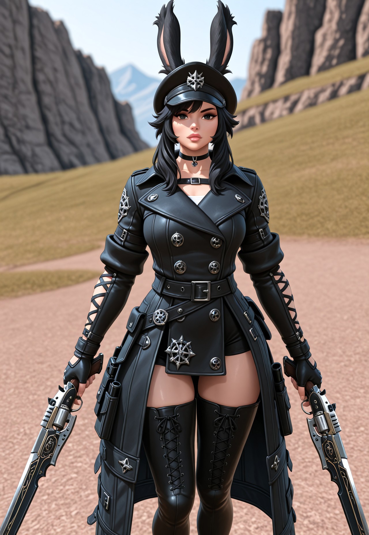 masterpiece, very aesthetic, high score, newest, best quality, FF_V13R4, 1girl, solo, looking at viewer, black hair, thighhighs, gloves, hat, holding, animal ears, weapon, boots, choker, black gloves, fingerless gloves, black footwear, holding weapon, rabbit ears, blurry, lips, coat, gun, blurry background, thigh boots, viera, gunblade