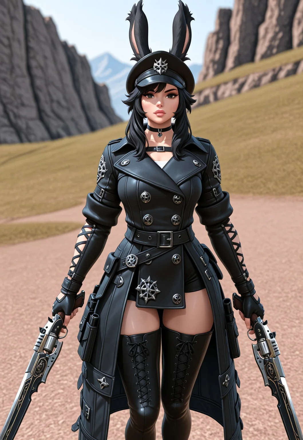 masterpiece, very aesthetic, high score, newest, best quality, FF_V13R4, 1girl, solo, looking at viewer, black hair, thighhighs, gloves, hat, holding, animal ears, weapon, boots, choker, black gloves, fingerless gloves, black footwear, holding weapon, rabbit ears, blurry, lips, coat, gun, blurry background, thigh boots, viera, gunblade