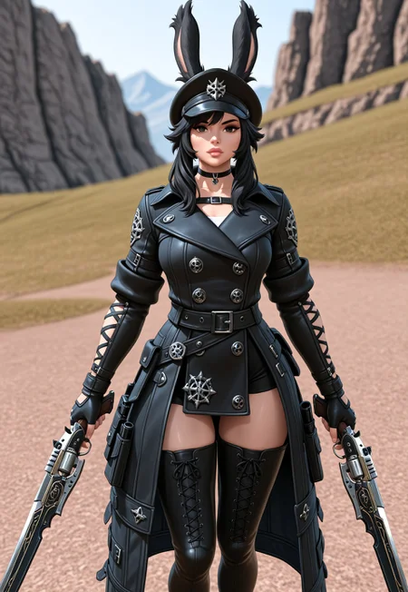 masterpiece, very aesthetic, high score, newest, best quality, FF_V13R4, 1girl, solo, looking at viewer, black hair, thighhighs, gloves, hat, holding, animal ears, weapon, boots, choker, black gloves, fingerless gloves, black footwear, holding weapon, rabbit ears, blurry, lips, coat, gun, blurry background, thigh boots, viera, gunblade