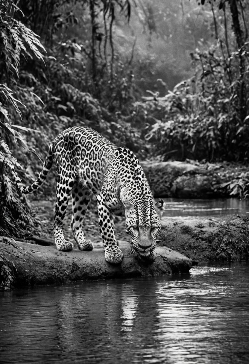 a (black and white:1.5) photo of a leopard, in the jungle, drinking at the at the edge of a river, at dusk, dense jungle forest, dramatic lights, shallow depth of field, blurred background, extreme details, intricate details, 8k, 35mm photo, photorealism, realistic photo, national geographic style, masterpiece, film photography style