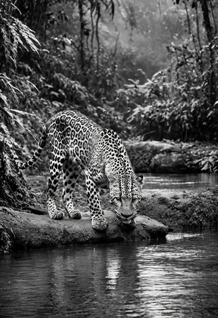 a (black and white:1.5) photo of a leopard, in the jungle, drinking at the at the edge of a river, at dusk, dense jungle forest, dramatic lights, shallow depth of field, blurred background, extreme details, intricate details, 8k, 35mm photo, photorealism, realistic photo, national geographic style, masterpiece, film photography style