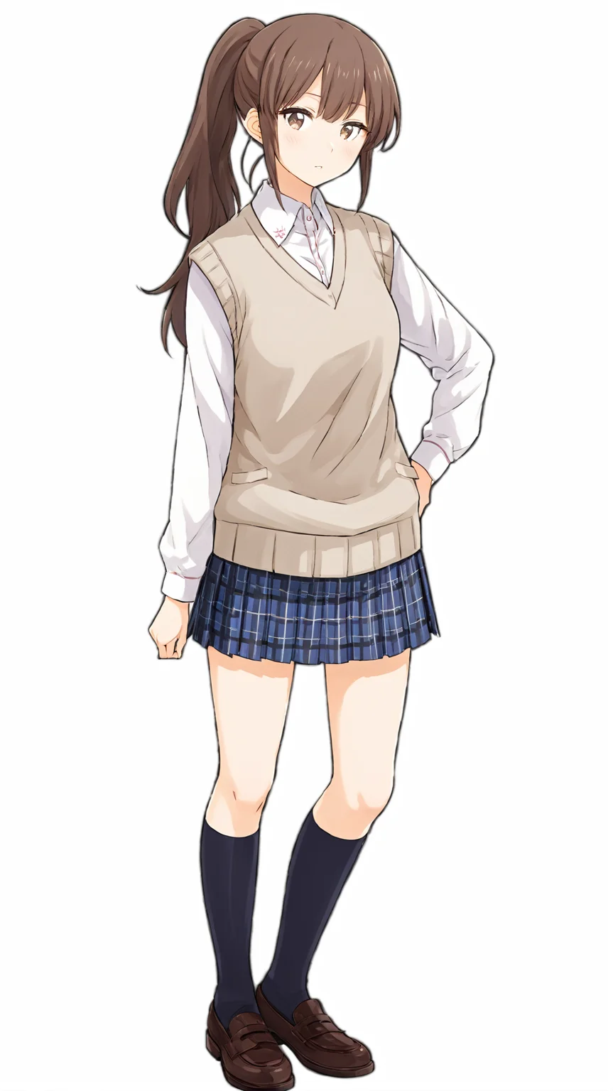 masterpiece,best quaity,
<lora:yunatoomi.sdxl.v3:0.9>
yuna toomi
1girl,solo, brown hair, ponytail,
brown eyes,
school uniform, white shirt, collared shirt, long sleeves
plaid skirt, pleated skirt,
white kneehighs,
brown footwear,
sweater vest, beige sweater,
standing,
full body,
simple background,