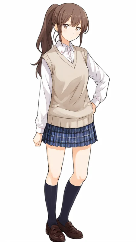 masterpiece,best quaity,
<lora:yunatoomi.sdxl.v3:0.9>
yuna toomi
1girl,solo, brown hair, ponytail,
brown eyes,
school uniform, white shirt, collared shirt, long sleeves
plaid skirt, pleated skirt,
white kneehighs,
brown footwear,
sweater vest, beige sweater,
standing,
full body,
simple background,