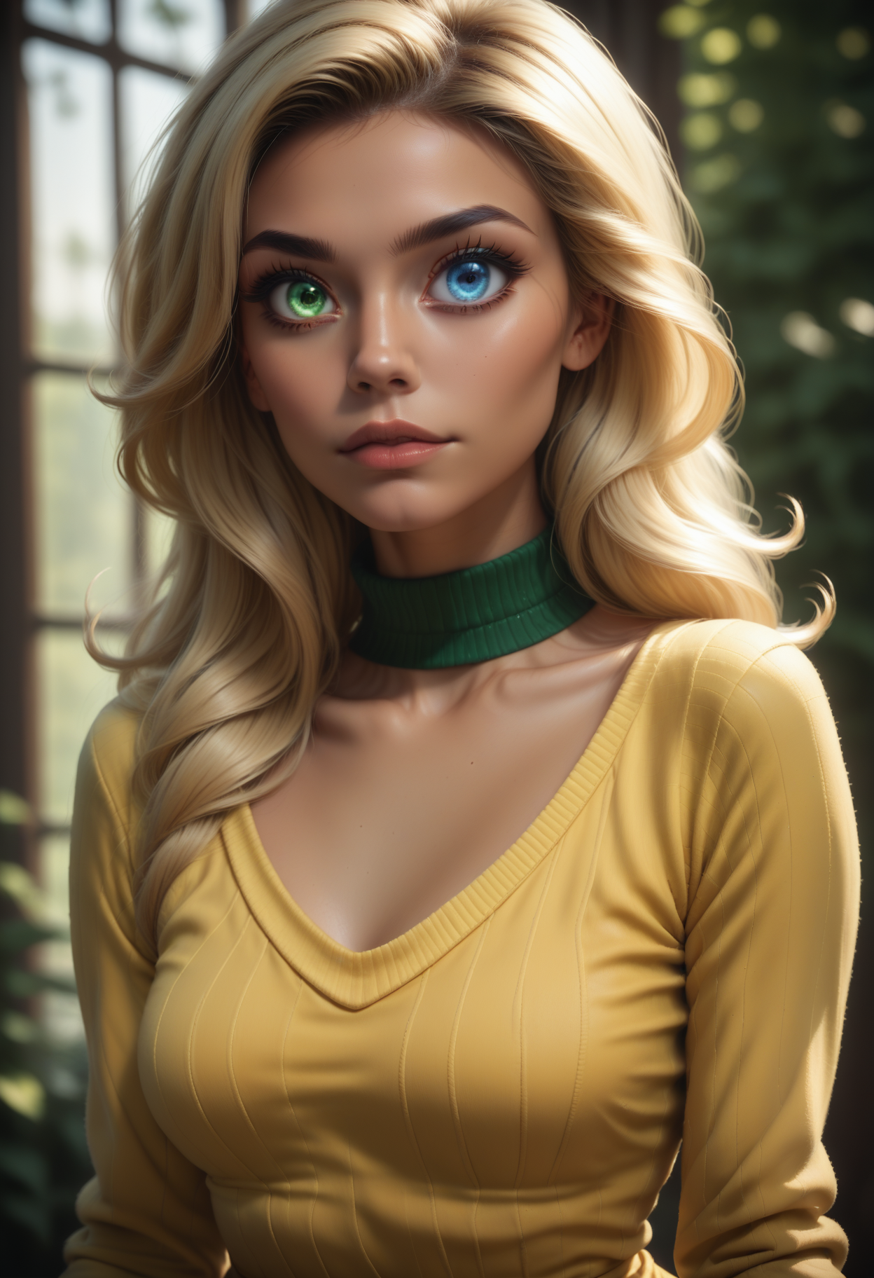 score_9, score_8_up, score_7_up,
1girl, solo, sexy sweater dress, yellow dress, scoop neck, long sleeves, green choker,
 <lora:Dark_Flavia_Pony_v0.1:0.5> d4rkfl4v14, blue eyes, green eyes, heterochromia,