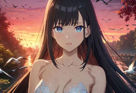 1woman, solo, eyeliner, gorgeous lips, black long hair, blue eyes, a mole on the right side of the mouth, torn bangs, elegant face, small breasts, ultra detailed eyes, (masterpiece), (best quality), (ultra-detailed), very aesthetic, illustration, perfect composition, intricate details, full body,
sunset, stay back to the viewer, many birds, nature, trees around, scenery
(anime, masterpiece, intricate:1.3), (best quality, hires textures, high detail:1.2), (4k),(incredibly detailed:1.4), perfect anatomy, graceful face, slim, pointed nose, (nostrils:1.3), gorgeous lips, UHD, 8K, ultra detailed, a cinematic photograph of HDR photo of Closeup photo of a beautiful natural