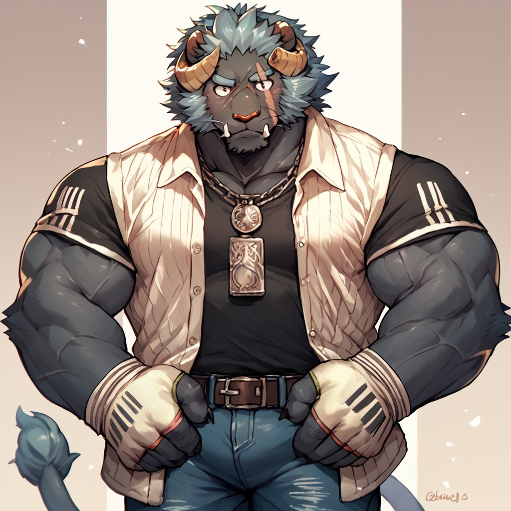 score_9, score_8_up, score_7_up, score_6_up, score_5_up  <lora:Krampus:1.0>, Krampus, solo, bara, furry male, muscular male, male focus, curled horns, standing, tail