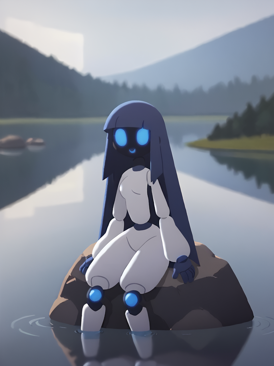 score_9, score_8_up, score_7_up, BREAK, P0ch1R0b0t, 1girl, solo, blue eyes, long hair, blue hair, sitting, sitting on rock, outdoors, water, reflection, rock, lake, fog, mist, wind, leafs, hands on hip <lora:Pochi_Science_Robot2:0.8>