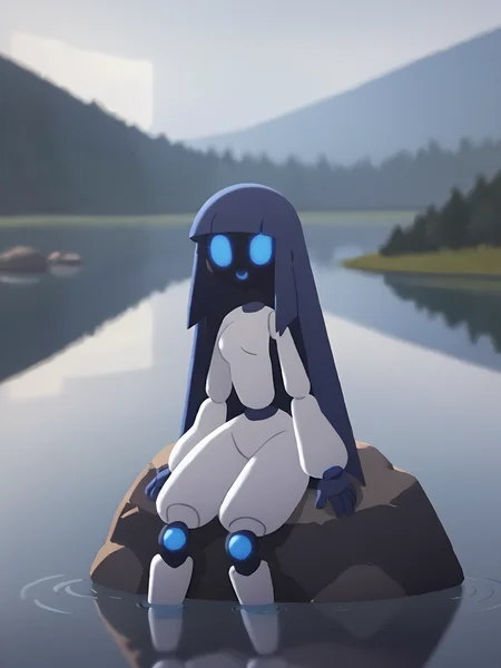 score_9, score_8_up, score_7_up, BREAK, P0ch1R0b0t, 1girl, solo, blue eyes, long hair, blue hair, sitting, sitting on rock, outdoors, water, reflection, rock, lake, fog, mist, wind, leafs, hands on hip <lora:Pochi_Science_Robot2:0.8>