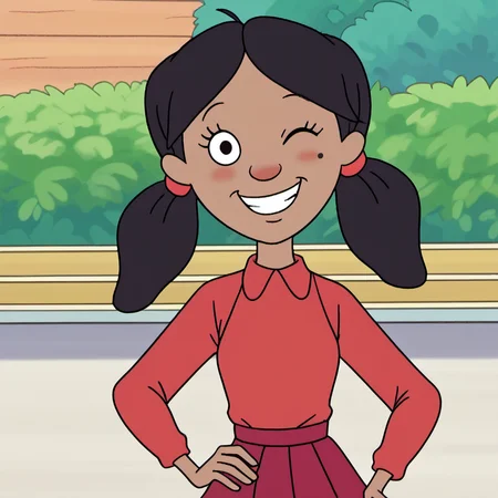 solo, 1girl, hhs1, blush, red skirt, red shirt, black hair, mole under eye, twintails, dark-skinned female, sassy, hand on hip, wink, smile, outdoors, <lora:hhs1-000009:1.2>, <lora:Penny_Proud:0.5>,