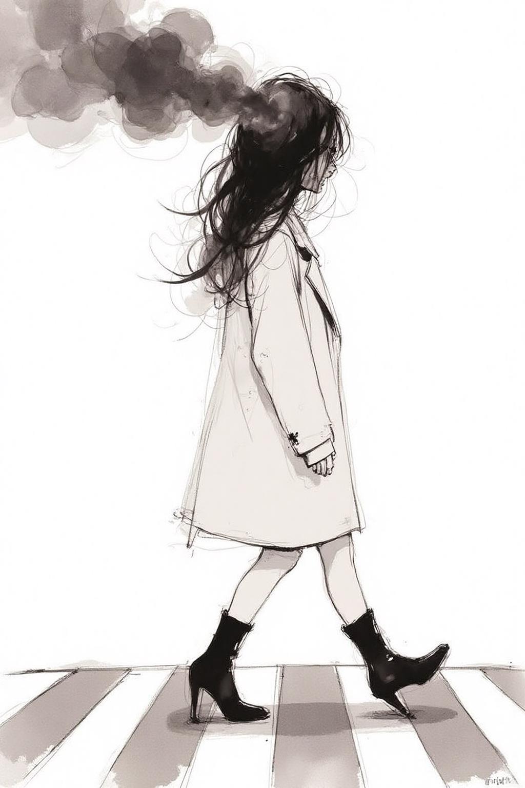 nijiwc1 Ink brush style illustration. 
 Profile of a woman with long black hair walking across the street at zebra crossing. Her hair is on fire, with black Smoke coming out of her head.
The background is stark white <lora:inkwash_niji_nocap_d6a3:1.0><lora:806961339441609262:0>