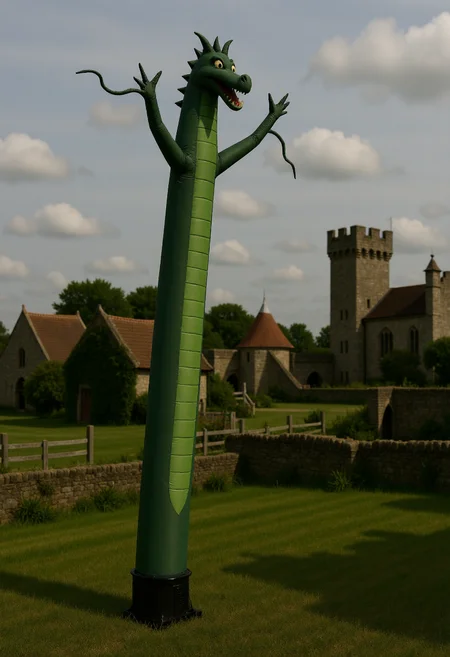 <lora:Wacky_Waving_Inflatable_Arm_Flux_Man-000009:1>
The image is a photograph of a very tall, inflatable dragon with wavy arms standing in a medieval village setting.
