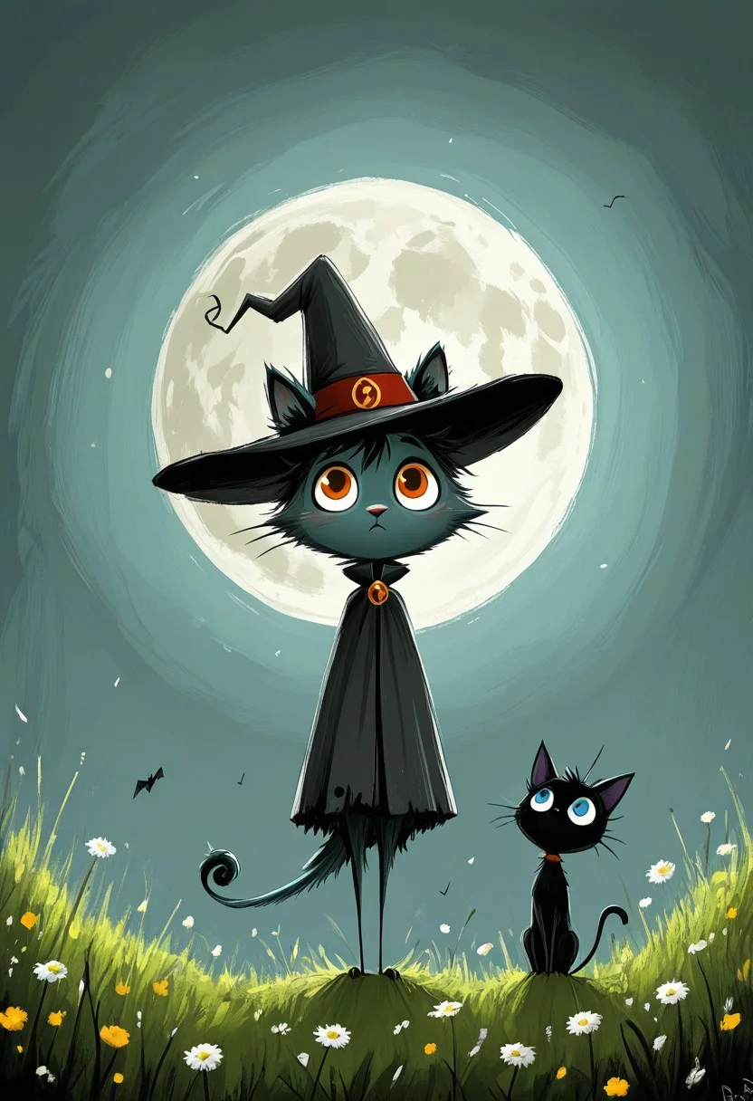 black cat, ((flying on broomstick)), midnight, full moon, yellow-white flowers, Tim Burton style, dark whimsical art style, digital painting, expressive brushstrokes, teal background, enormous eyes, amber eyes, blue eyes, spiky fur, messy fur, Victorian rooftops, magical sparkles, tiny wizard hat, detailed