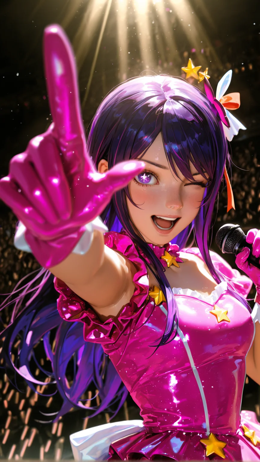 photorealistic,(REALISTIC:1.25),(REALISIM:1.25),3D,HDR,8K,high contrast,masterpiece,best quality,amazing quality,very aesthetic,superabsurd res,high resolution,ultra-detailed,absurdres,newest,scenery,light rays,chiaroscuro,dynamic angle,hoshino ai,girl,dress,gloves,hair ornament,idol,idol clothes,long hair,looking at viewer,microphone,one eye closed,open mouth,pink dress,pink gloves,pointing,purple eyes,purple hair,solo,star-shaped pupils,star,star in eye,symbol-shaped pupils,symbol in ey,<lora:EMOTE:0.5>,emote,(realistic:1.5),<lora:Disney_Animation_v5-V7:0.6>,DISNEY_ANIMATION,, (archlich,wlop,guweiz,solipsist:0.5),