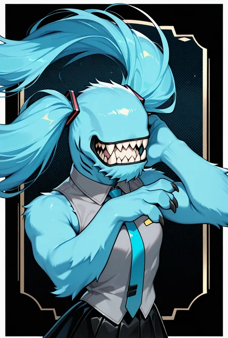dynamic pose, miku cosplay,hatsune miku's hair, blue hair, long hair, grey shirt, sleeveless, black skirt, blue tie, twin tails,   <lora:wildmutt-06:1>  wildmutt, solo, light blue fur, no humans, claws, sharp teeth, no eyes, no ears, pokemon (creature), smile,, masterpiece, best quality, amazing quality, very aesthetic, absurdres, newest,, upper body, halftone effect, white borders, abstract background:1.2,