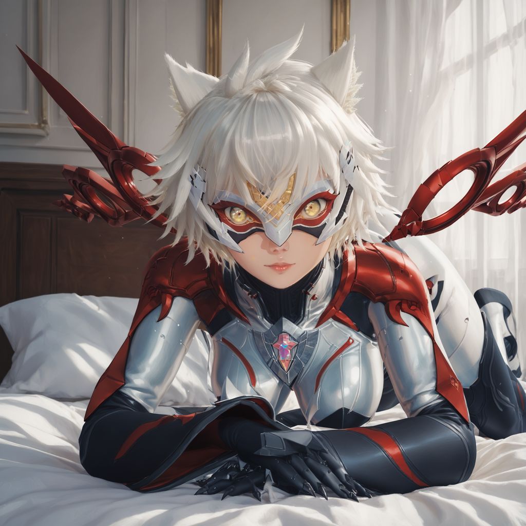 score_9, score_8_up, score_8, score_7_up, score_7, masterpiece, high quality, best quality,  high resolution, highly detailed, beautiful detailed eyes, <lora:d3t41l3dXLP:1> d3t41l3d, <lora:nael xl 086:1> 1girl, solo, na'el, messy hair, pale yellow eyes, large breast, chest jewel, multicolored bodysuit, aegis core, mechanical wings, bodysuit sleeves, bodysuit chaps, bodysuit footwear, mask, bedroom, on the bed, top-down bottom-up, facing away, looking at viewer