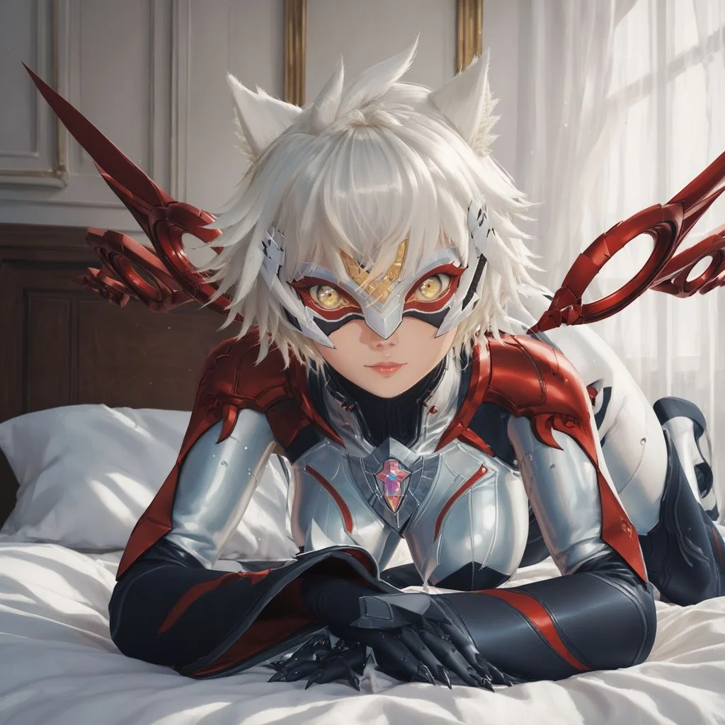 score_9, score_8_up, score_8, score_7_up, score_7, masterpiece, high quality, best quality, high resolution, highly detailed, beautiful detailed eyes, <lora:d3t41l3dXLP:1> d3t41l3d, <lora:nael xl 086:1> 1girl, solo, na'el, messy hair, pale yellow eyes, large breast, chest jewel, multicolored bodysuit, aegis core, mechanical wings, bodysuit sleeves, bodysuit chaps, bodysuit footwear, mask, bedroom, on the bed, top-down bottom-up, facing away, looking at viewer