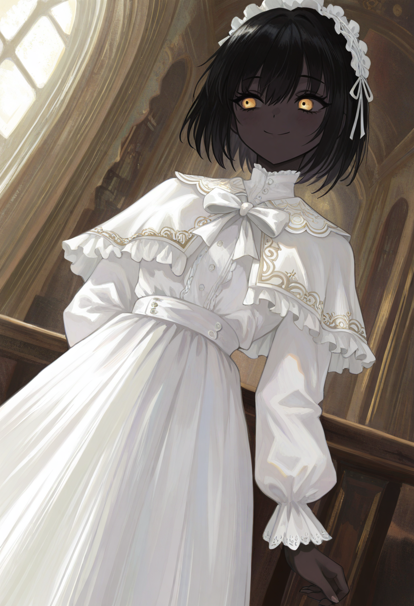 masterwork, perfect quality , amazing quality, absurdres, newest, hyper detailed, detailed, masterpiece, highly detailed, best quality, absolutely eye-catching, 1girl, solo, theprincess, dark-skinned female, very dark skin, black hair, short hair, yellow eyes, maid headdress, frilled hairband, white dress, long sleeves, capelet, white bow, smile, (dramatic angle, dynamic angle:1.2), <lora:theprincess-illust:1> <lora:NOOB_vp1_detailer_by_volnovik_v1:0.3> <lora:spo_sdxl_10ep_4k-data_lora_webui:0.6> <lora:748cmSDXL:0.3> <lora:mon_monmon2133:0.4> <lora:noobai_vpred_1_masterpieces_v23:0.5>