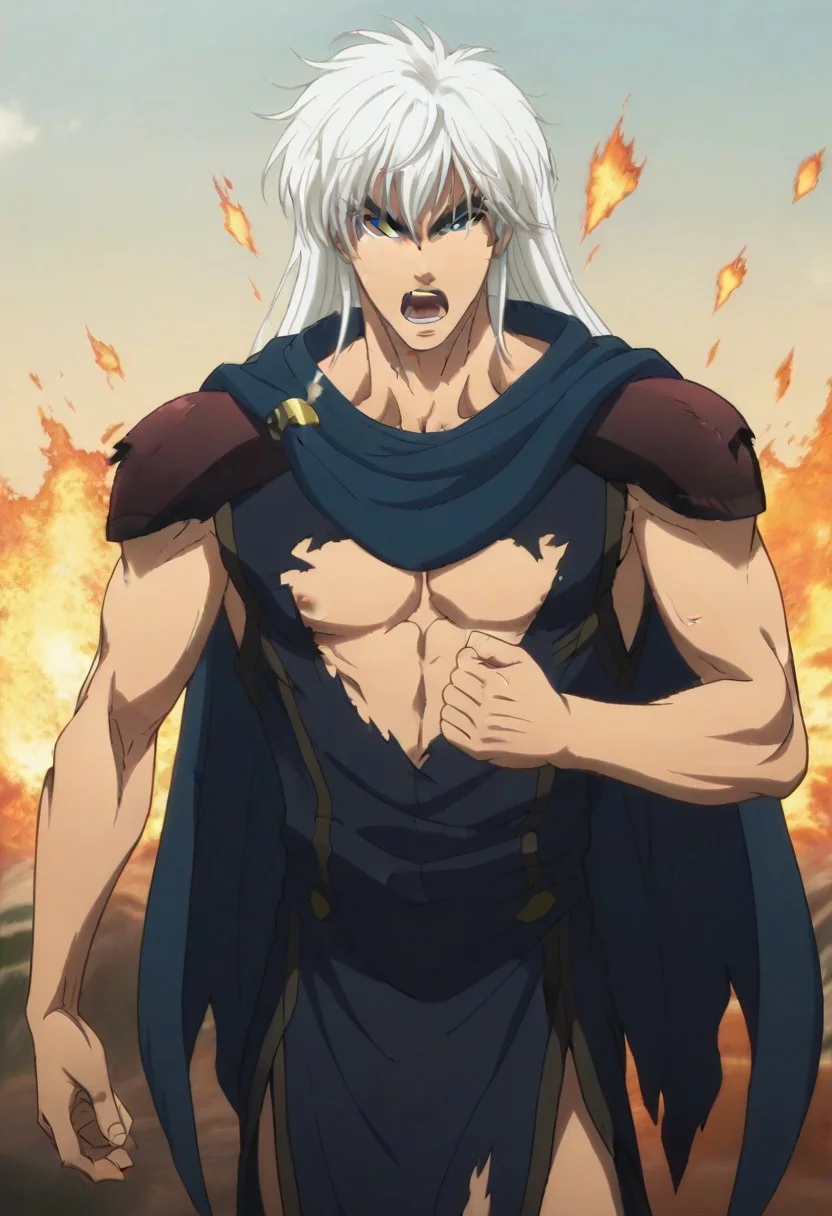 ((masterpiece)), ((best quality)), ((ultra-detailed)), score_9_up, score_8_up, score_7_up, HD, top quality, best quality, High-quality illustrations, anime screencap, source_anime, perfect anatomy, 1boy, 1male, male anime character, anime boy, solo male, male focus, handsome, attractive, sexy, ((fit body, lean body,mature body, hunk body)), ((tall, tall height, tall body)), looking at viewer, looking at front, front shot, front view, Dark Schneider, long hair, white hair, blue eyes, bushy black eyebrows, fangs, rode, cape, tunic, ((ripped outfit, exploding outfit, destroyed outfit, scratched outfit)), ((screaming loudly in agony, screaming towards the sky)), ((dramatic pose)), ((dramatic scenery)), ((surrounded by flames, surrounded by fire))