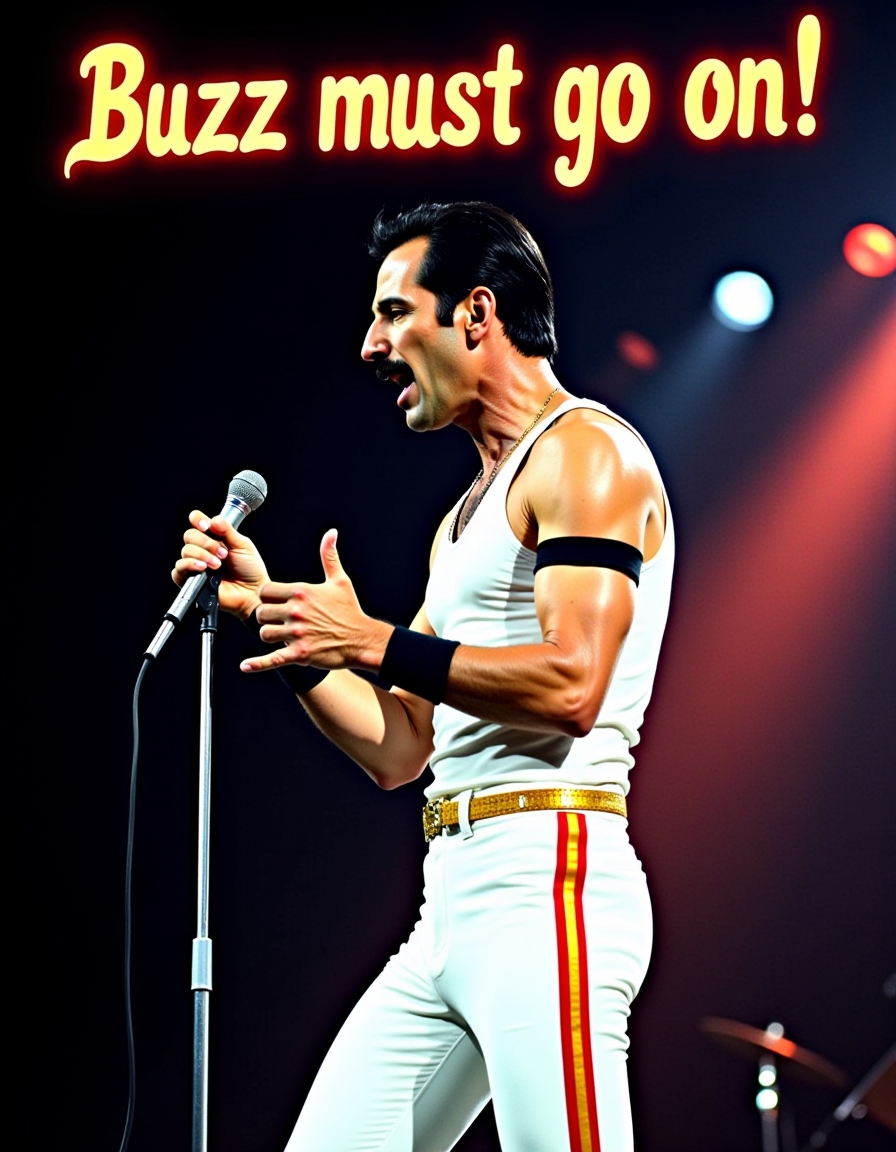 Freddie Mercury stands center stage at a concert. He is dressed in a tight, white tank top, paired with white trousers featuring a red and gold stripe down the sides. A black armband is wrapped around his upper arm. His short, dark hair is slicked back, and his thick mustache is neatly groomed. He grips the microphone stand, standing with a wide stance. The stage lights reflect off his sweat-covered skin as he moves precisely, maintaining control of the performance. , at top of image floating text "Buzz must go on!" written with rock music styled letters, <lora:flux\Textimprover-FLUX-V0.4.safetensors:0.8:0.8>