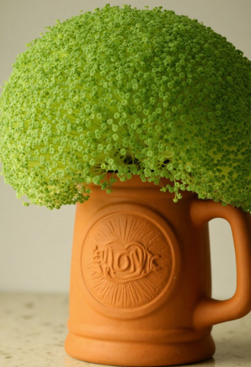<lora:Chia_Pet_Planter_FLUX-000013:0.9>
Photograph of a terracotta clay beer stein adorned with a lush, vibrant green plant. It is is sitting on a table.