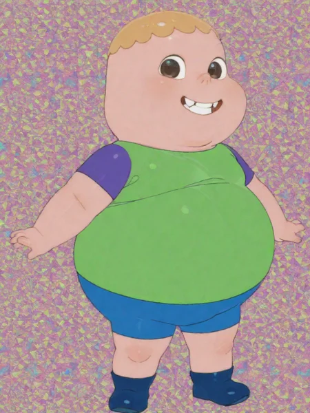 ILXLpos,ta1k199, abstract background, surreal background, detailed background, colorful,Clarence, 1boy, male focus, plump, fat, chubby, obese, earless, no ears, two teeth, nostrils, young, short, blonde hair,green shirt, purple sleeves, blue shorts, blue shoes,smile,looking at viewer,<lora:Clarence Wendle:0.8>,<lora:Taiki99 Style:1.0>