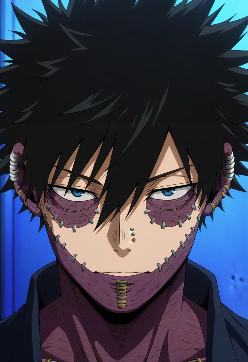 masterpiece, best quality, intricate details, anime screencap, anime coloring, official style, looking at viewer, 1boy, solo, male focus, <lora:dabi_bnha_ilxl:0.94>, dabi_bnha, black hair, blue eyes, short hair, spiked hair, hair between eyes, messy hair, bangs, scar, burn scar, scar on face, piercing, ear piercing, stitches, , ,